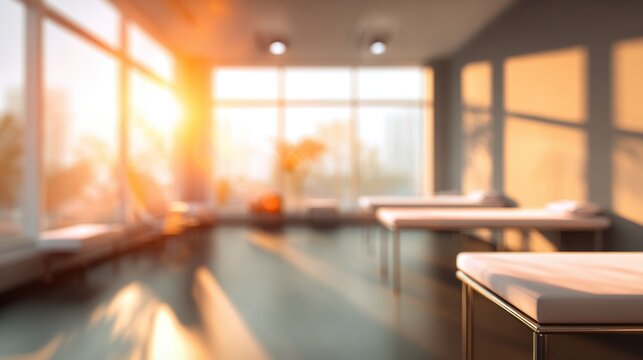 Bright Modern Indoor Pool Area with Large Windows and Sunset Light