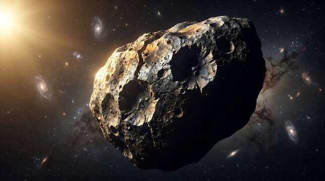 A massive, ancient asteroid with deep impact craters in deep space, illuminated by distant sun, with swirling galaxies in background.