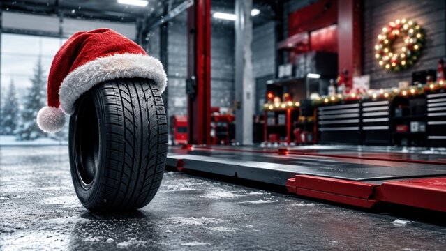 New winter car tire wearing a Santa hat stands on a wheel alignment rack inside a decorated auto service garage, combining seasonal promotion with vehicle safety and maintenance