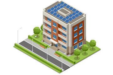 Obraz premium Isometric apartment building with solar panels, road, sidewalk and trees in a clean urban block. Modern residential architecture illustrates sustainable housing and eco city development
