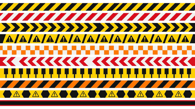 Collection of warning and caution tapes with yellow, black, red, and orange stripes and geometric patterns, ideal for construction and safety signage