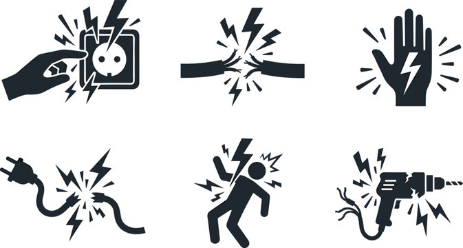 Electrical Shock Hazard Warning Icon Set with High Voltage Accidents Damaged Wire Sparks Outlet Contact and Power Tool Danger Symbol Vectors