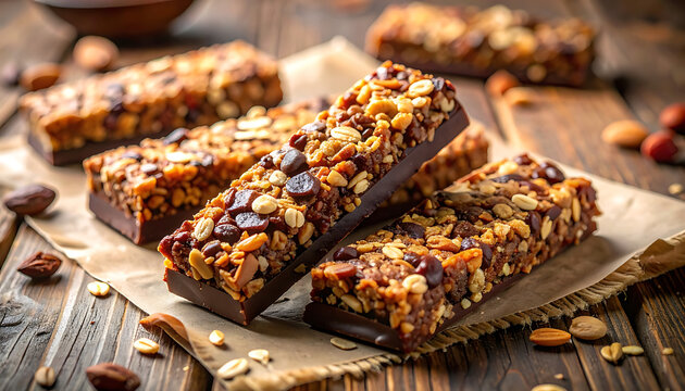 Healthy nut and chocolate granola bars on rustic wood table, organic snack food, vegan energy breakfast, fiber rich diet choice