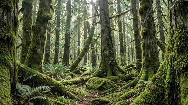 Mossy trees in a lush, dense rainforest with a narrow dirt path through the center