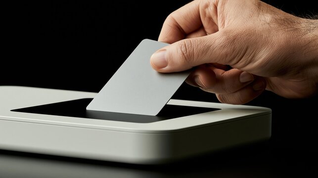 Close-up of a person's hand inserting a blank gray card into a modern access reader against a dark background
