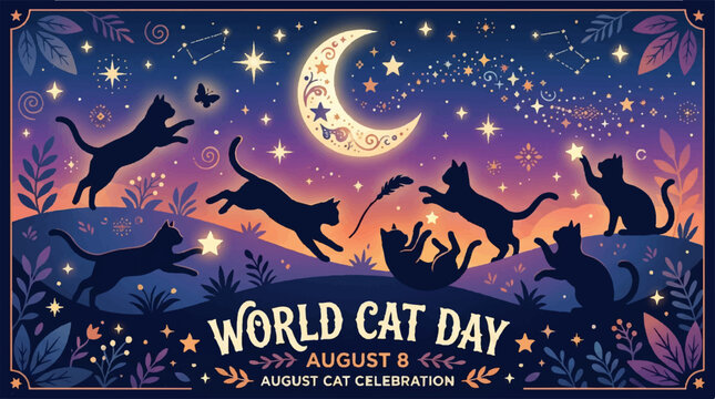World Cat Day, feline celebration, cat silhouette, starry night, moon vector