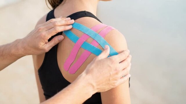 Close up of a therapist applying pink and blue kinesiological tape to a woman's shoulder outdoors, athletic injury treatment, muscle support, physical therapy, sports recovery.