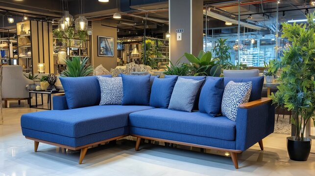 Blue fabric sofa with wooden legs and armrests, placed in the showroom of a home furniture store, with plants