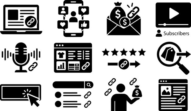 Affiliate Marketing Tools and Digital Promotion Silhouette Icon Set