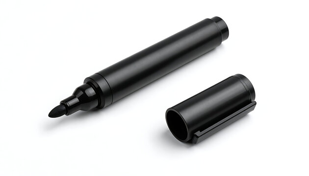 Isolated black permanent marker pen with removed cap, stationery supply, school and office writing tool