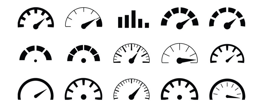 Speed and performance gauge icons featuring meter dials and speedometers for measurement, analytics, monitoring systems, and control panels.