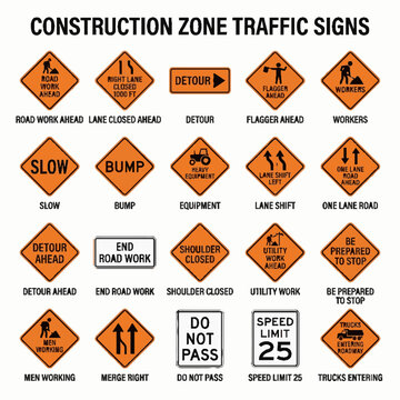Set of construction zone traffic warning signs and road work icons.