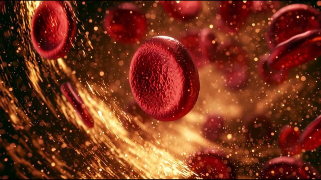 Red blood cells are shown moving through the circulatory system. They flow smoothly and interact with the blood around them in a dynamic way.