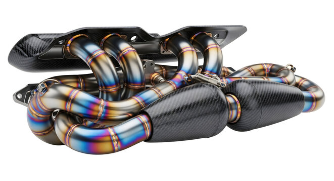 High-performance racing car exhaust manifold with titanium pipes and carbon fiber heat shields, automotive performance parts