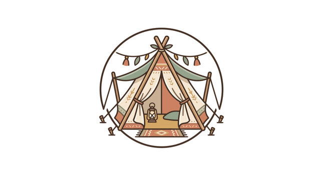 Bohemian teepee tent icon with decorative banners.