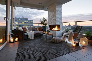 Obraz premium Luxury modern penthouse terrace with fireplace and city views at dusk