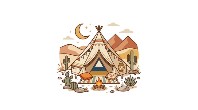 Boho desert campsite with teepee and crescent moon