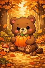 Fototapeta premium Cute cartoon bear holding pumpkin in autumn forest with colorful leaves and cozy seasonal charm