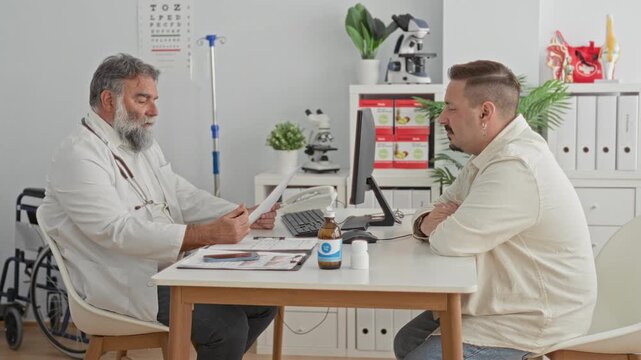 Doctor reads paper while pointing with pen to patient in clinic building, with computer monitor and medicine bottles on the desk; calm reassurance.