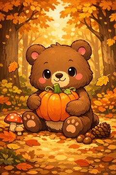 Cute cartoon bear holding pumpkin in autumn forest with colorful leaves and cozy seasonal charm