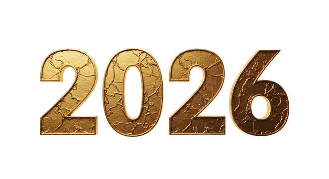 Golden '2026' numerals isolated on transparent background future year designation