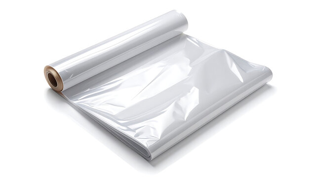 Isolated roll of clear plastic food wrap for kitchen storage and food preservation, packaging material, polyethylene film, transparent texture