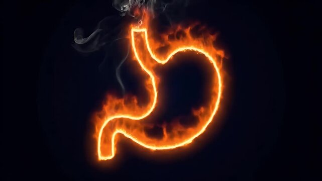 Stomach on fire illustrating acid reflux heartburn and digestive health issues with burning pain