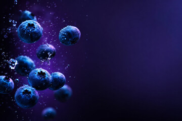 Fototapeta premium Fresh blueberries floating against ultraviolet gradient background with water droplets, dramatic blue and purple lighting, detailed textures, and premium superfood advertising aesthetic.