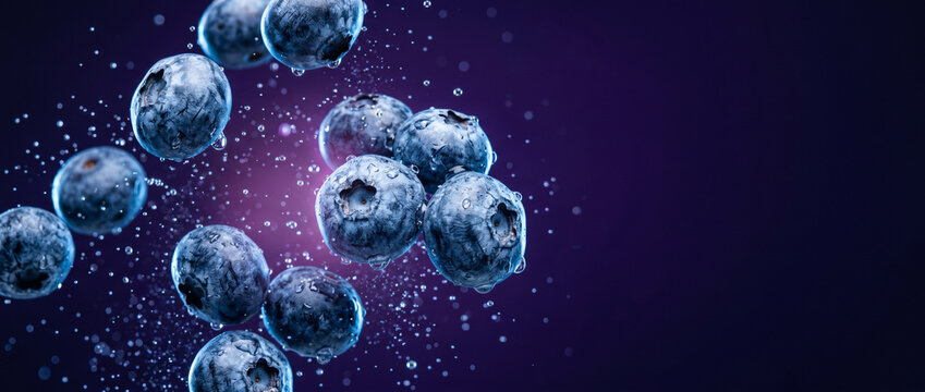 Fresh blueberries floating against ultraviolet gradient background with water droplets, dramatic blue and purple lighting, detailed textures, and premium superfood advertising aesthetic.