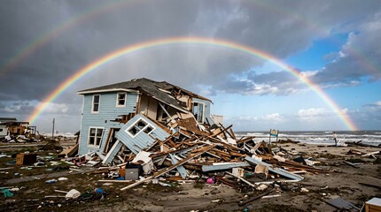 Fototapeta premium Devastated light blue two-story wooden coastal home sits completely destroyed amidst chaotic rubble contrasted by a bright double rainbow.