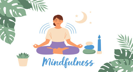 Obraz premium Woman meditating in lotus position surrounded by plants and mindfulness symbols on purple background