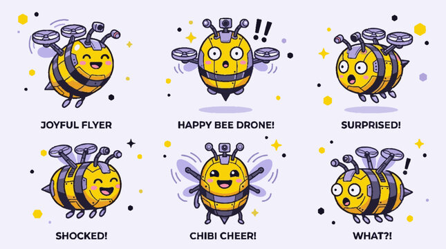 Cute cartoon bee drone character set with different emotions and expressions vector illustration.