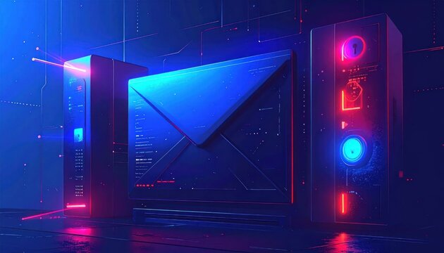 Abstract digital mail icon in neon server room.