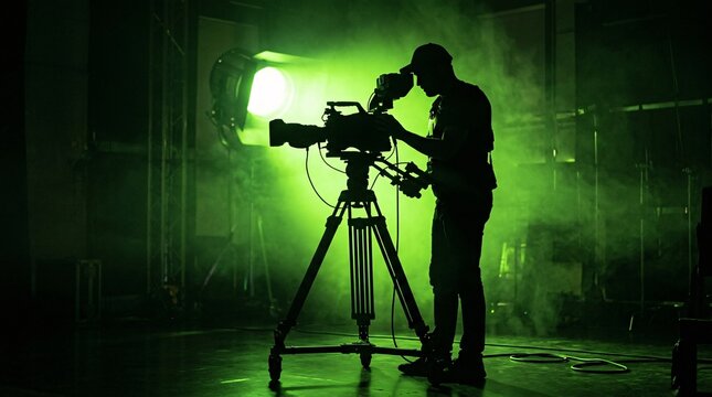 Dramatic black silhouette of a professional cameraman standing beside a heavy broadcast camera is backlit by an intense green spotlight.