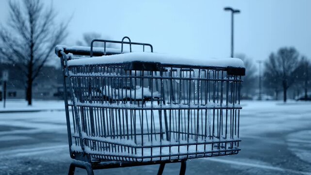 Shopping cart covered in snow standing alone in an empty parking lot during a cold winter day