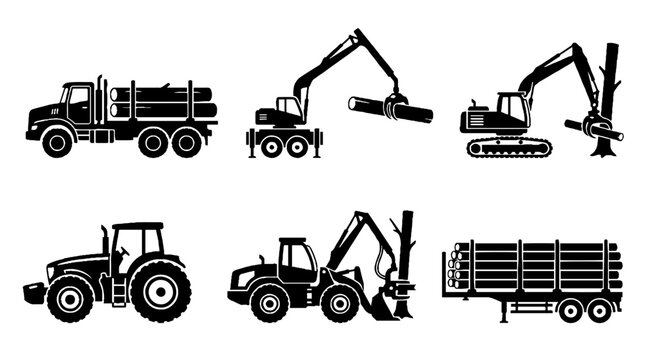 Set of forestry machinery silhouettes for logging industry.