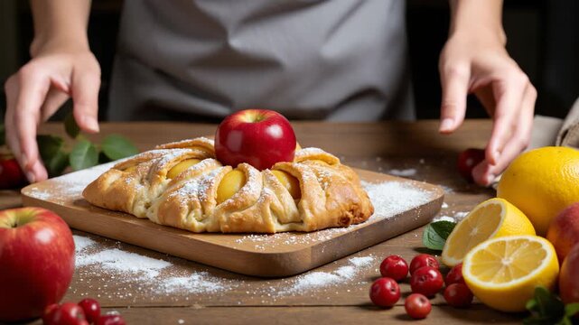 A baker's hands carefully placing an apple on a tart in the midst of baking preparation. Surrounded by fresh apples, oranges, and cranberries for decoration.