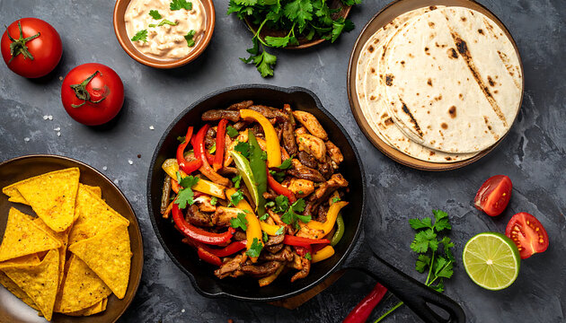 Mexican fajitas with beef and vegetables in a cast iron skillet served with corn tortillas and tortilla chips for a festive dinner