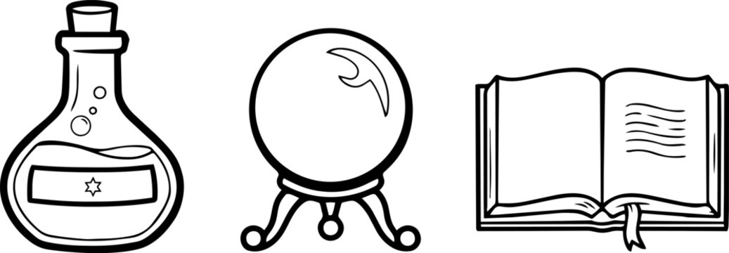 Potion bottle with mystical symbol crystal ball on stand and open spellbook with magic circle during twilight