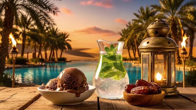 Ramadan iftar table with chocolate ice cream dates and mint water by a luxury desert oasis pool