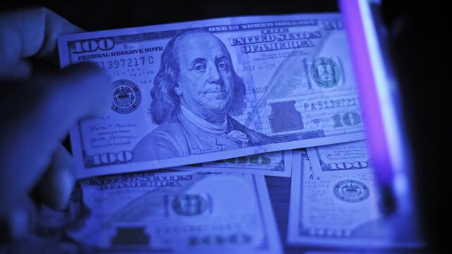 A hand inspects a one hundred dollar bill for authenticity by turning it over under a glowing ultraviolet lamp. The background features other banknotes in a dark environment.