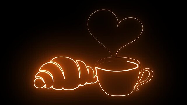 Coffee cup and croissant continuous one line 4K animation video for breakfast cafe concept