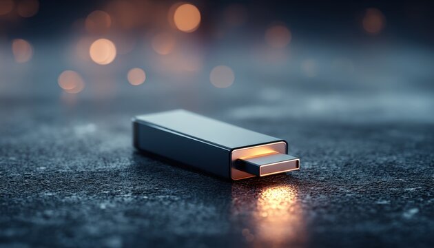 A single sleek metallic usb flash drive rests on a dark textured surface with a warm bokeh