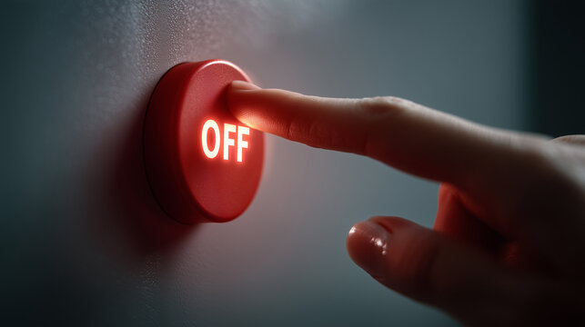 Finger pressing a glowing OFF button, symbolizing shutdown, power control, energy saving, emergency stop, system deactivation, and technology management.