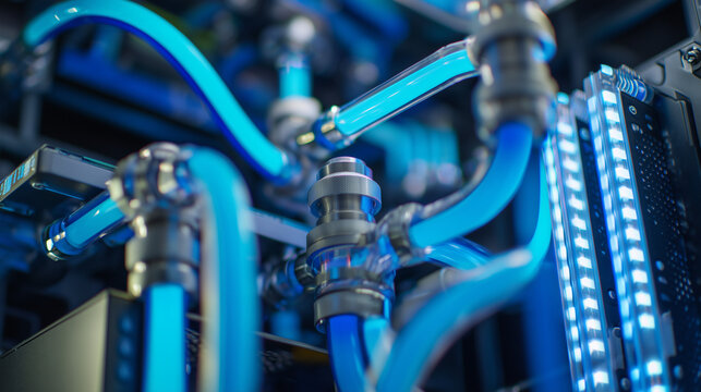 Modern liquid cooling system with blue coolant circulating through transparent tubes in a high-performance computer for efficient thermal management.