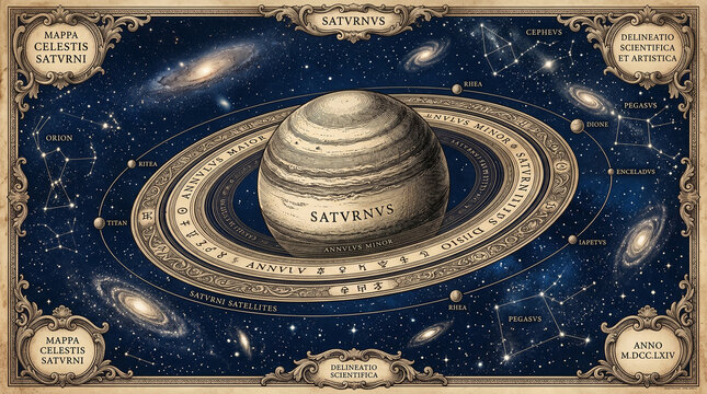  Vintage Baroque Celestial Map of Saturn with Rings Moons and Constellations, Antique Latin Astronomy Scientific Illustration