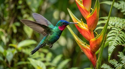Obraz premium Hummingbird hovering to drink nectar from a bright orange heliconia flower. Small bird in flight near tropical plant in rainforest. Nature wildlife observation and exotic environment.