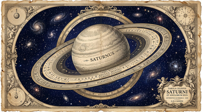 Vintage Baroque Celestial Map of Saturn with Rings Moons and Constellations, Antique Latin Astronomy Scientific Illustration