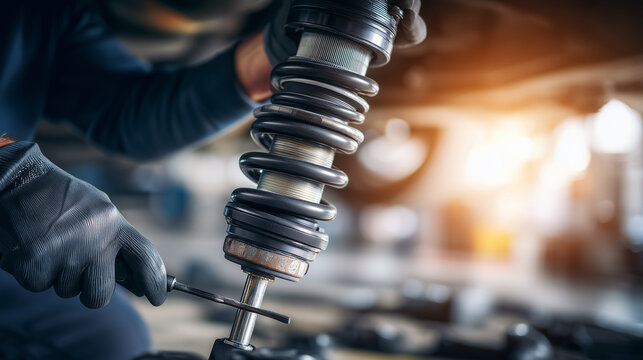 Professional auto mechanic replacing a vehicle shock absorber in a repair shop. Car suspension maintenance, automotive service and repair concept.