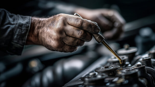 Mechanic checking engine oil level with a dipstick in a vehicle engine. Automotive maintenance, lubrication, diagnostics and preventive service concept.